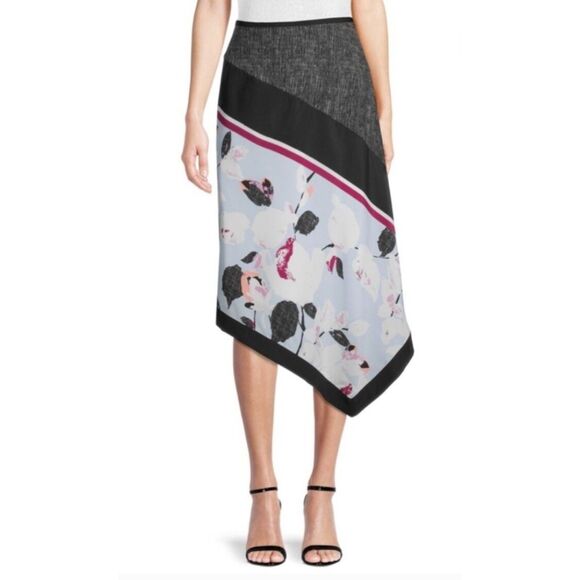 DKNY Black Light Blue Floral Asymmetric Midi Skirt - Picture 2 of 8